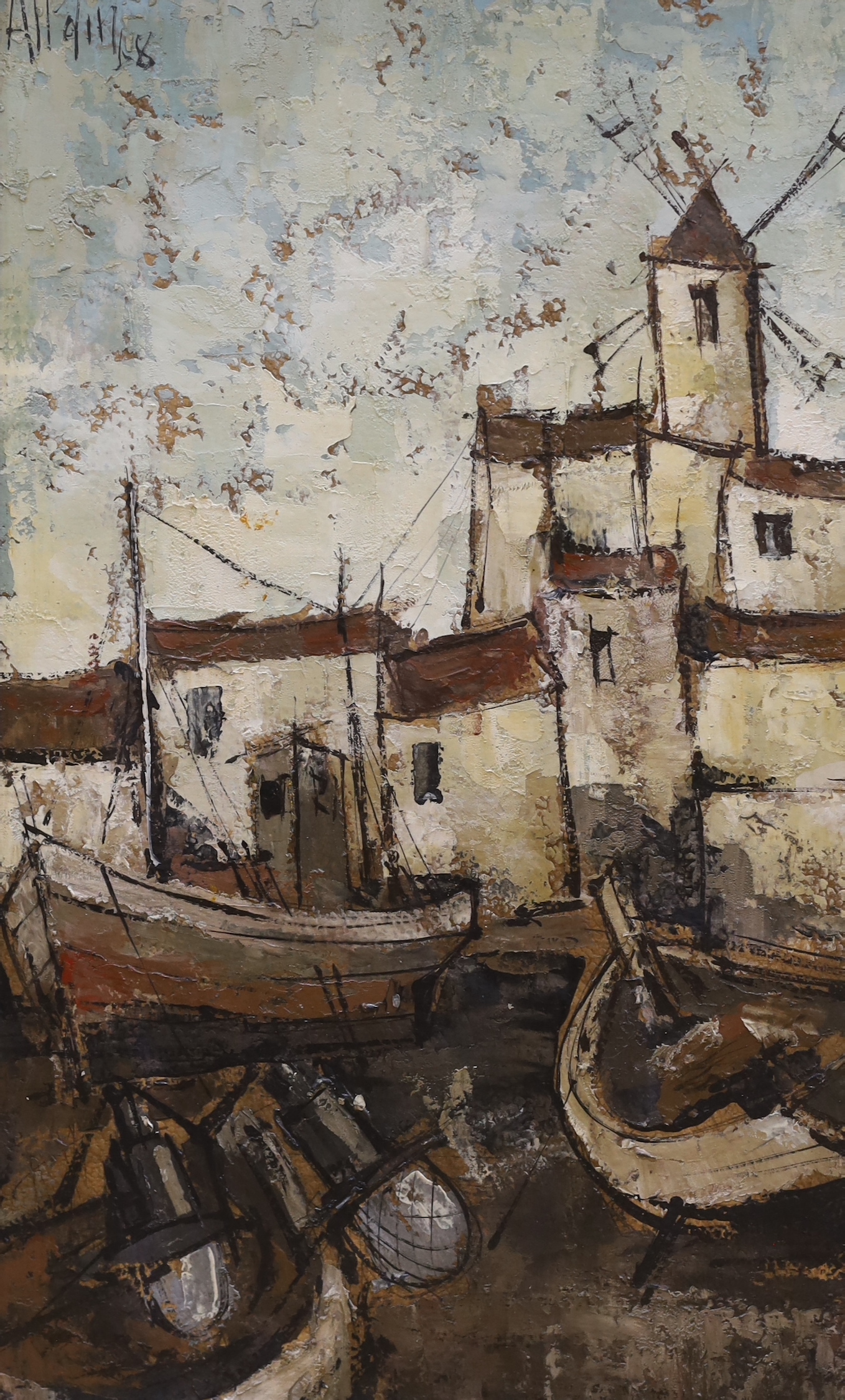 Sydney Taylor (20th century, South African) two oils on board, and an oil of a harbour scene with moored fishing boats, largest 44 x 27cm